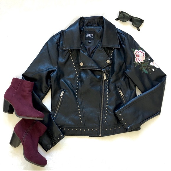 Urban Retro Jackets & Blazers - SOLD!! Black Studded Leather Jacket w/ Floral Embroidery